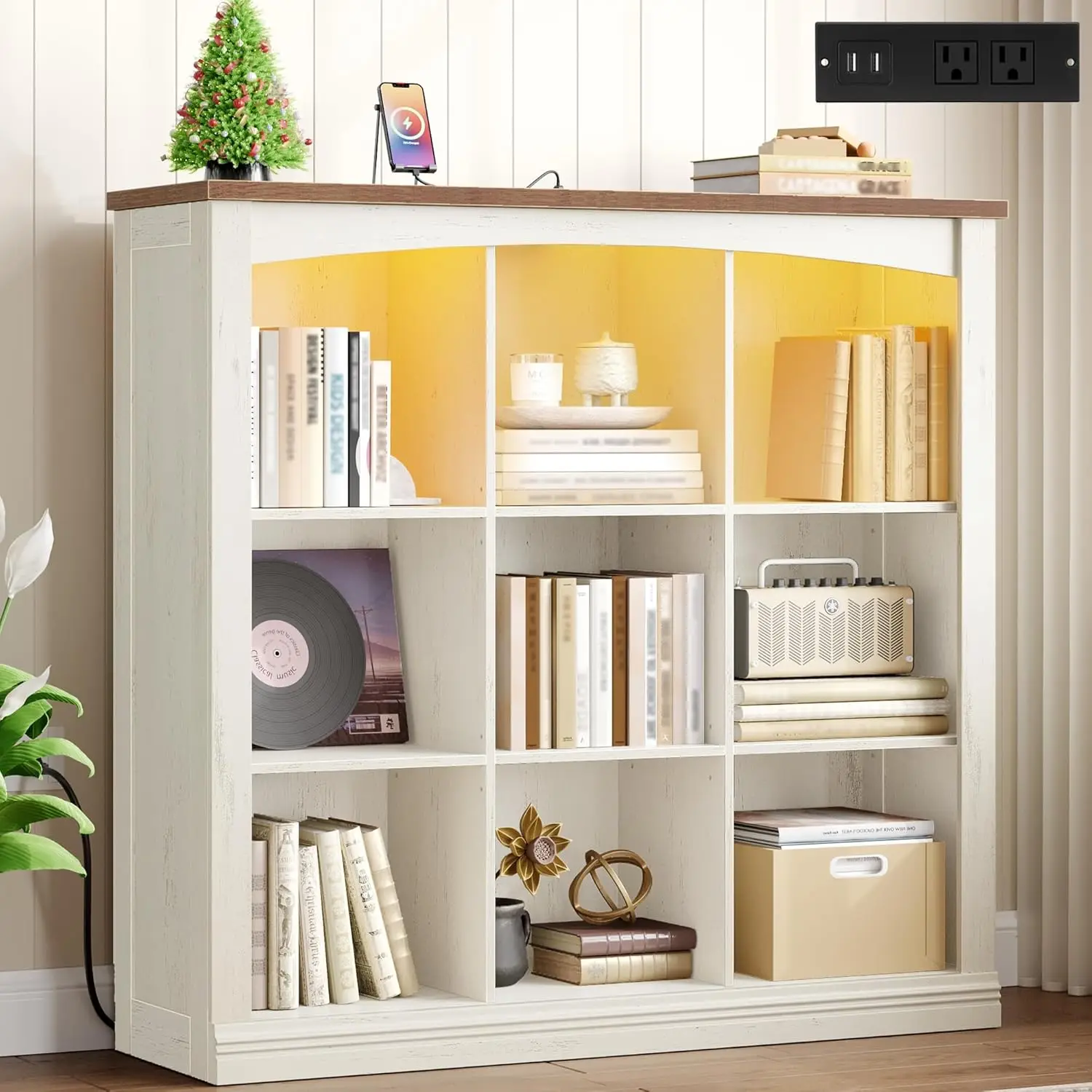 

Низкий белый деревянный книжный шкаф на 9 кубов со светодиодной подсветкой и зарядкой для спальни, офиса, гостиной, на заказ