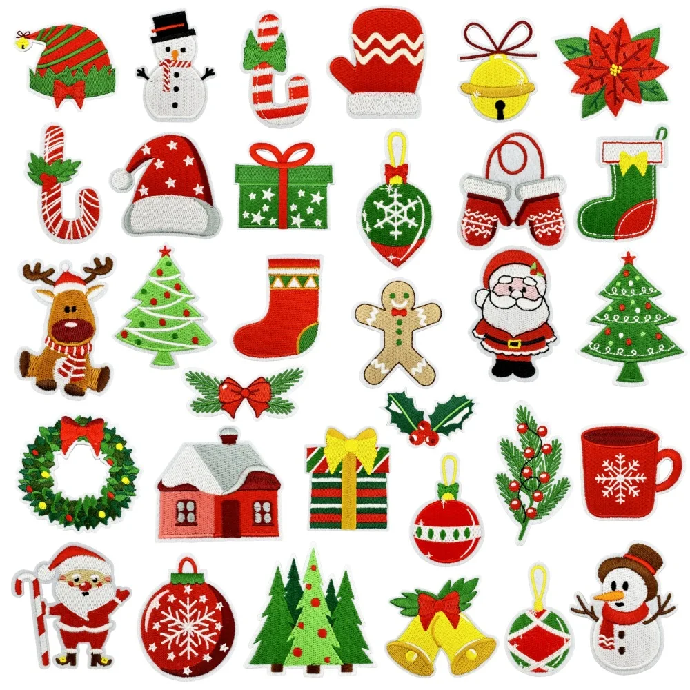 

32pcs Christmas Iron on Patches Xmas Embroidered Sew Applique Repair Patch Santa Claus Christmas Tree Wreath Snowman Elk Angel R