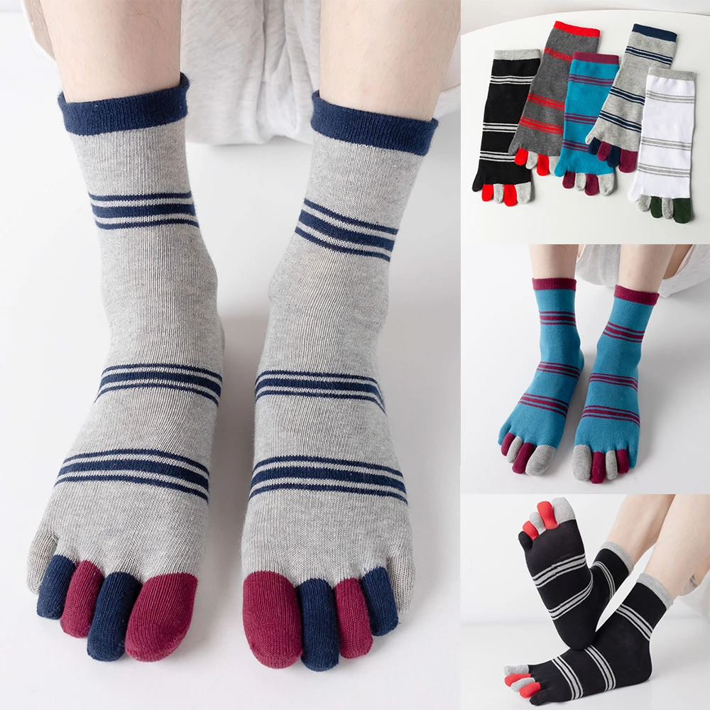 

5 Pairs/lot Men's Middle Tube Socks Pure Cotton Breathable Black White Stripes Boys Father Casual Harajuku Sports Split Toe Sock