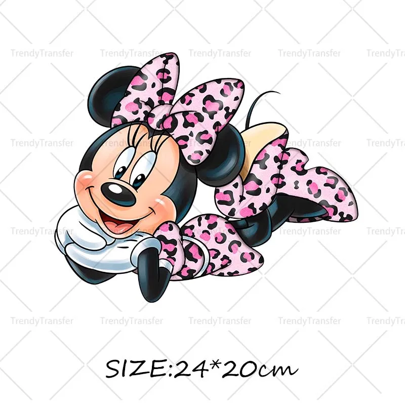 Roze Luipaard Minnie Mouse Karakter Opstrijkpatronen DTF Prints Warmtepersstickers voor kleding Strijkstickers