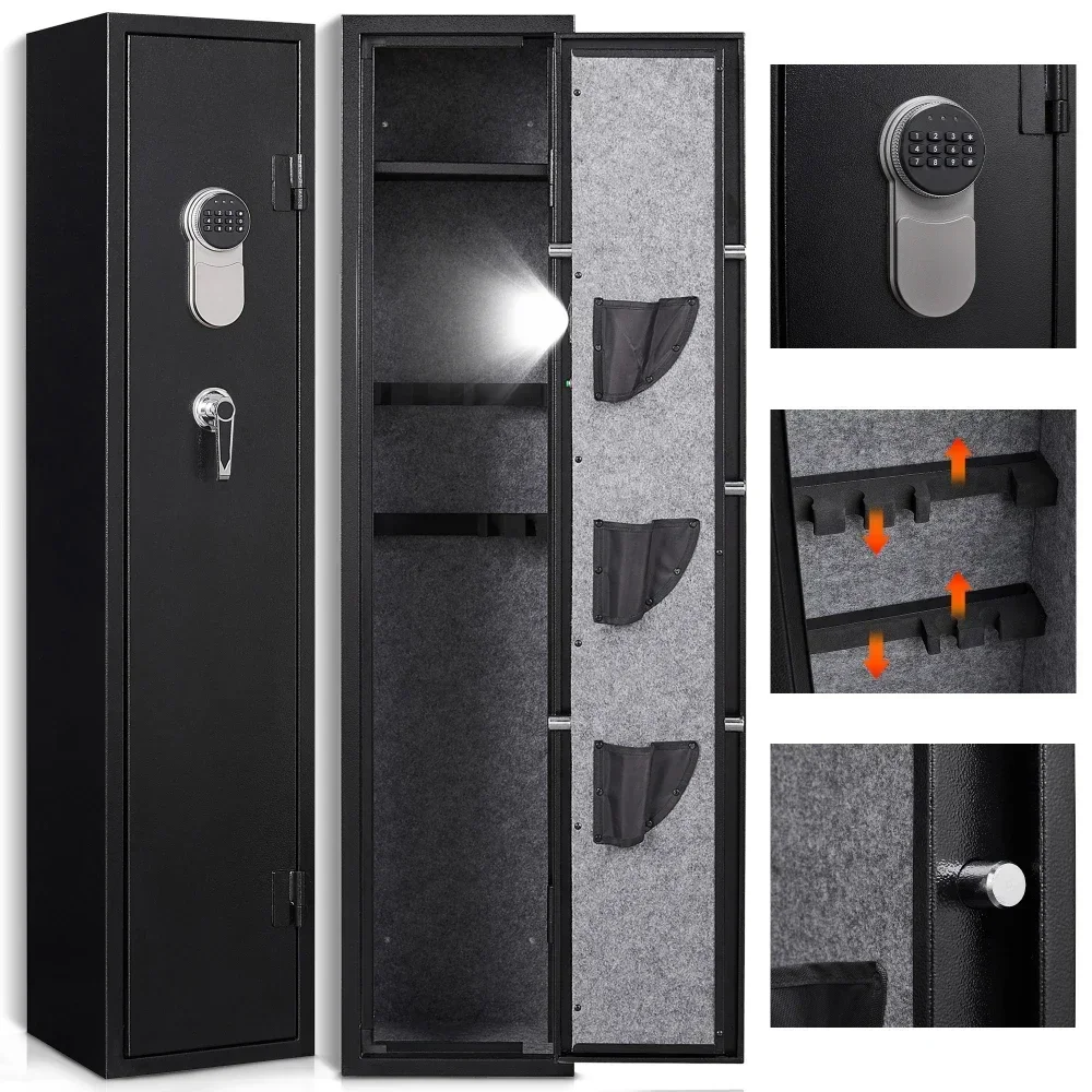 Gun Safe para Home Rifle e Pistols, Cofres de Acesso Rápido, Bolsos Rack ajustáveis, Prateleira removível, Bateria externa, 3-5