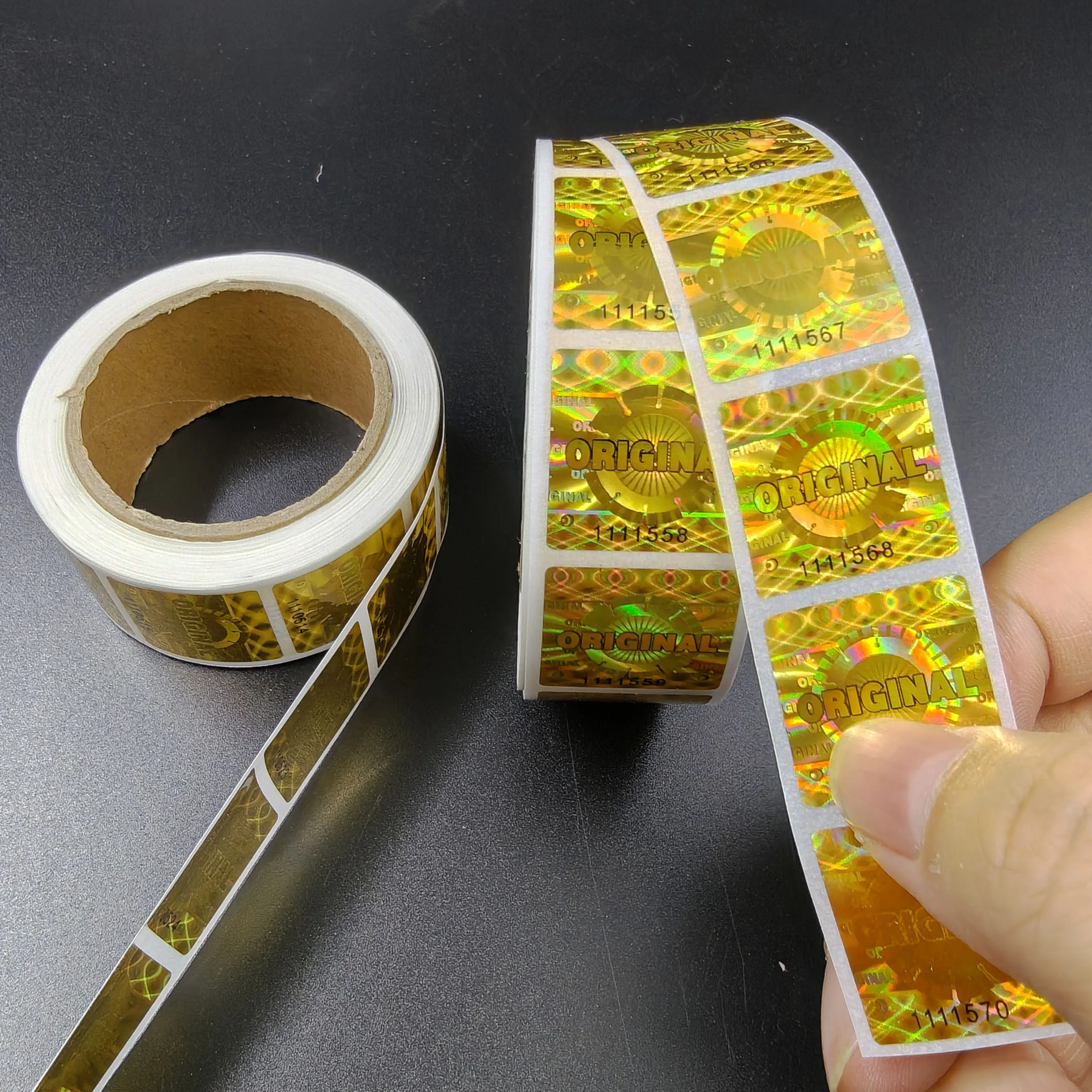 500/1000pcs Holographic Golden Square Laser Stickers in Rolls, VOID Anti-Counterfeit Unique Serial Number Seals Label for Box