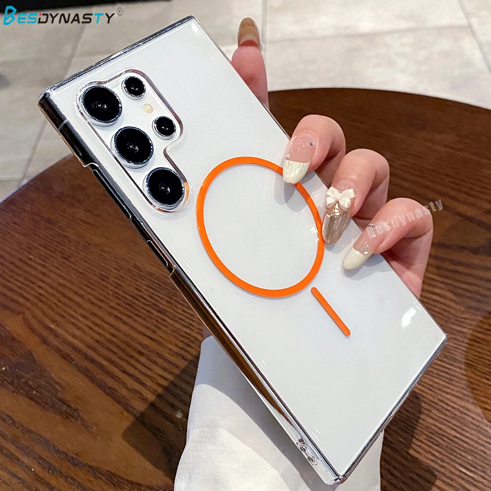 

For S25 S24 Simple Magsafe Phone Case For Samsung Galaxy S25 Ultra S24 Plus S24 FE Crystal Wireless Charging Hard Clear PC Cover