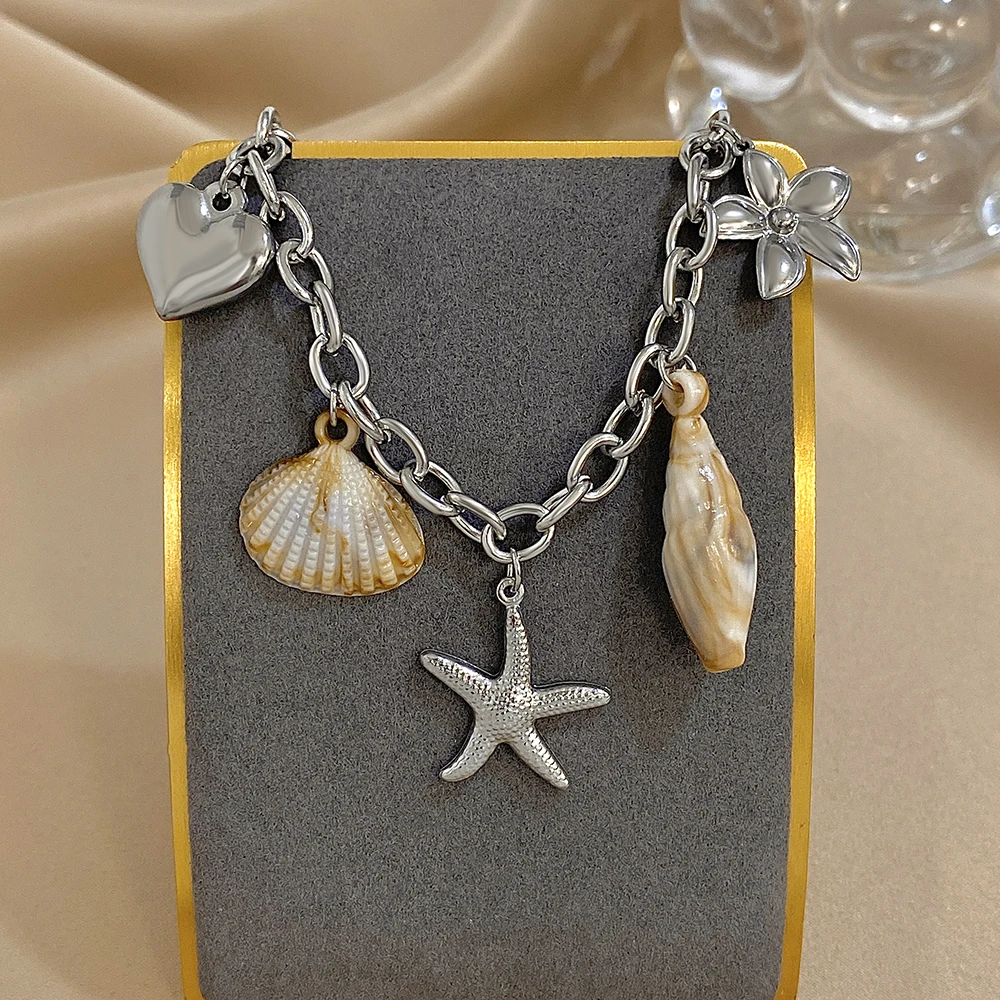 

DODOHAO Shell Love Heart Charms Bracelets Gold/Silver Color Ocean Style Bracelets For Women Fashion Stainess Steel Jewelry