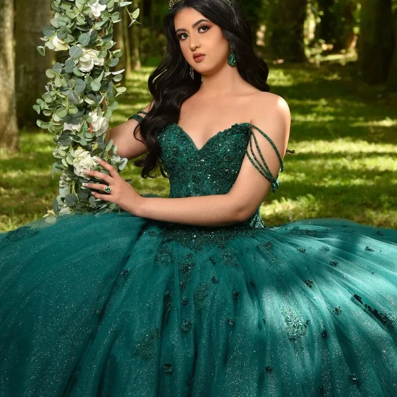 EVLAST-Robe de Rhbrillante verte émeraude pour filles, 15 ans, robe de Quinceanera, appliques en dentelle, perles, robe de soirée, TQD024