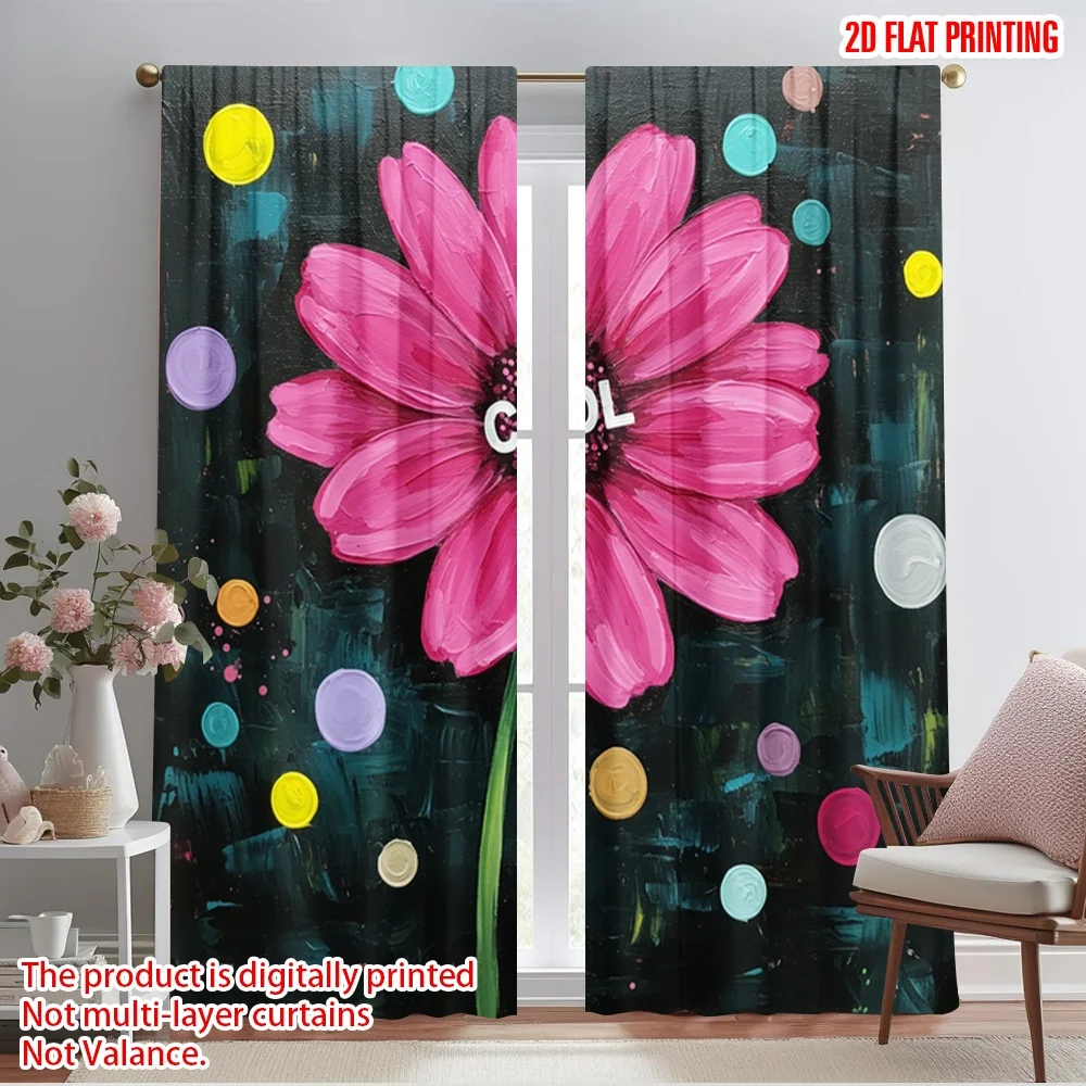 

2pcs 2D flat printing Party Curtains Pink Flower Cool Polyester Without Electricity Festive Wall Decor Perfect for Holiday