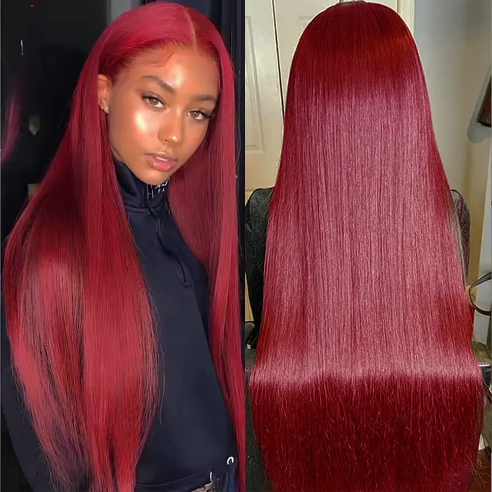 

46-дюймовый прямой 99J 13x4 HD Парик из натуральных волос на кружеве Бордовый 13x6 Предварительно выщипанные HD Парики из натуральных волос на кружеве для женщин