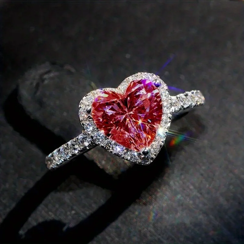 Anillo Clásico de Moda con Gema Sintética Roja en Forma de Corazón para Mujer, Perfecto para Propuestas de Matrimonio, Compromisos y Bodas
