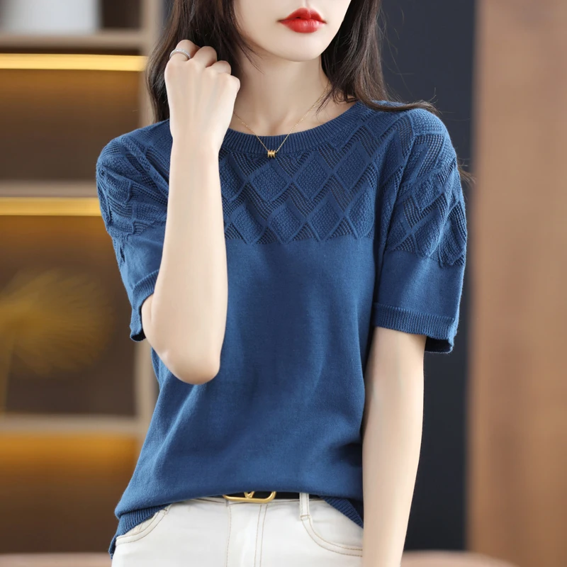 

T-shirt women's summer new 100% cotton casual solid color knitted sweater short-sleeved round neck women's loose all-match T-shi