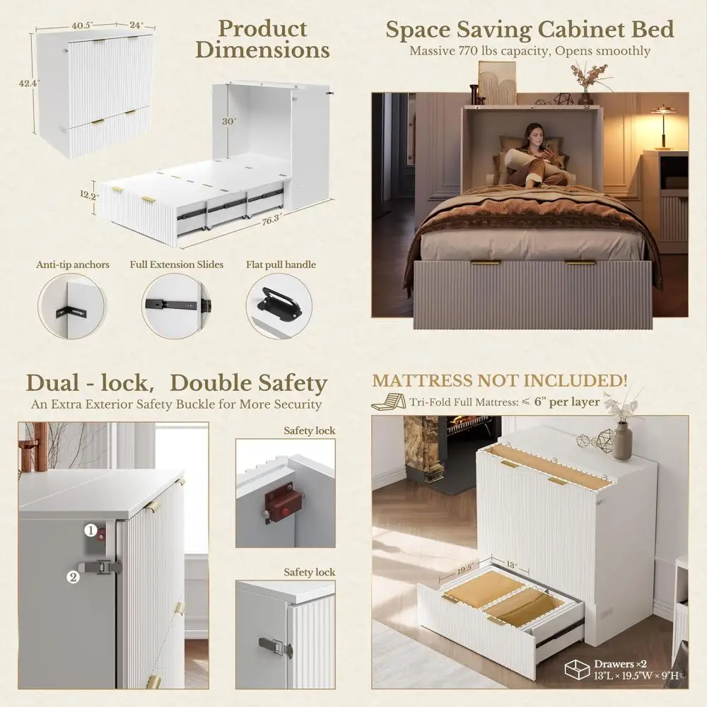 

Twin Murphy Bed, luted Wood Murphy Cabinet with Storage Ders & Charging Station or Bedroom/Oice/Gt Room, White