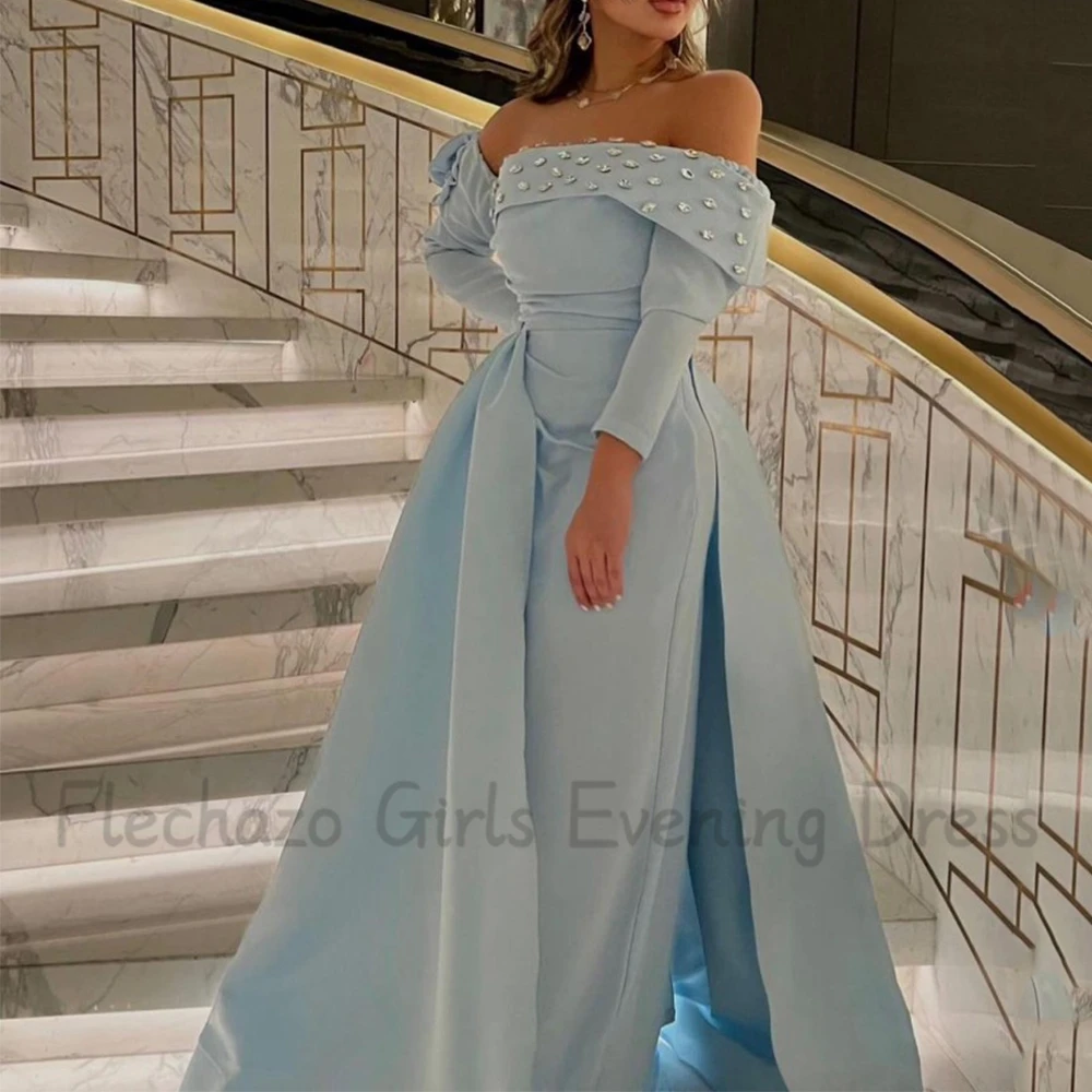 Flechazo Light Blue Off the Shoulder Evening Dress Long Sleeves Straight Ankle Length with Crystal and Pleat Banquet Gowns