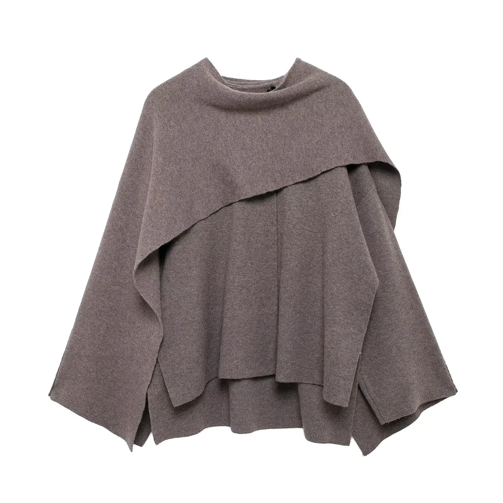 TRAF Casual Cape style short coat jacket Autumn Split fork  Asymmetric Scarf decoration unique Vintge Female Ponchos sweater