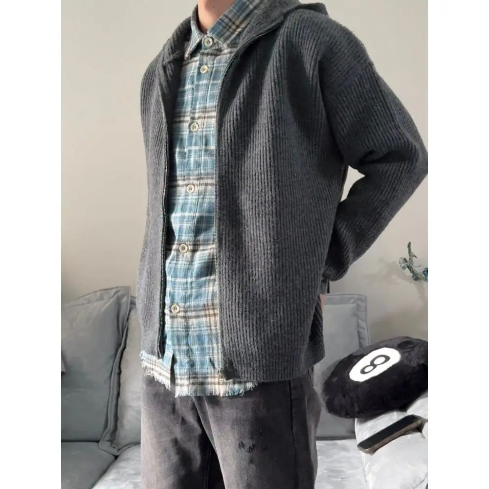 

Cleanfit Knitted Cardigan Jaet Men's Trendy Brand High-End Deep ey Hooded Sweater Lazy Sle Retro Japanese Feel