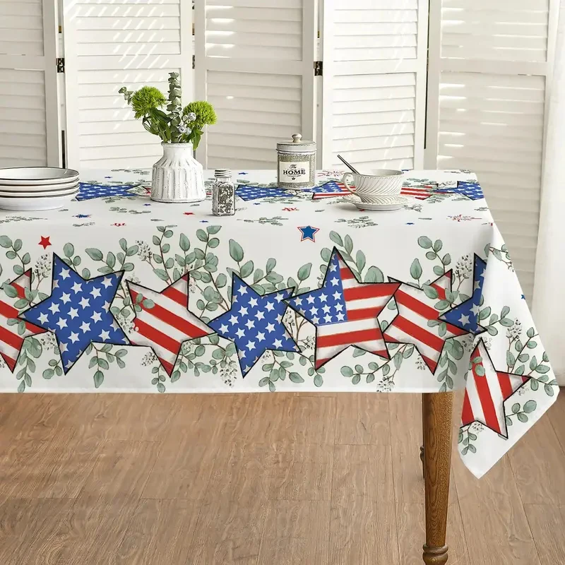 VIKAMA 4th of July Tablecloth American Flag Star Eucalyptus Leaf Print Waterproof Stain Resistant Rectangular Dining Table Cover