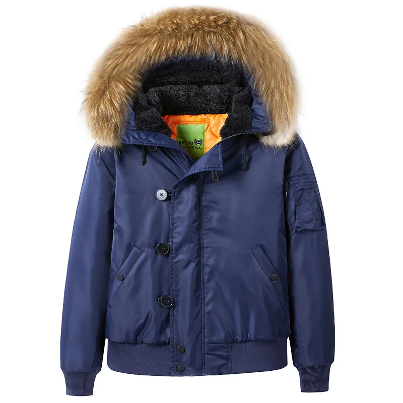 Jackets for Men Autumn and Winter Adding Cotton and Thickening Detachable Fur Collar Cotton-padded Solid Color Air Force Pilot