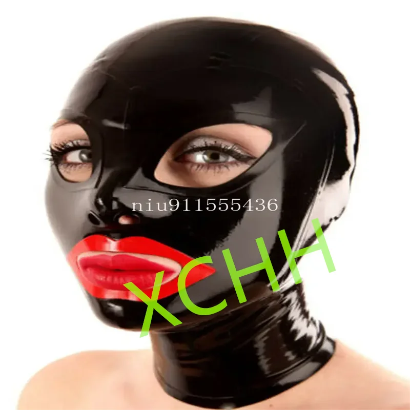 

Handmade Latex Hood Rubber Mask Black with Red Back Zip Sexy Fetish Headgear Customize Halloween Cosplay Costume