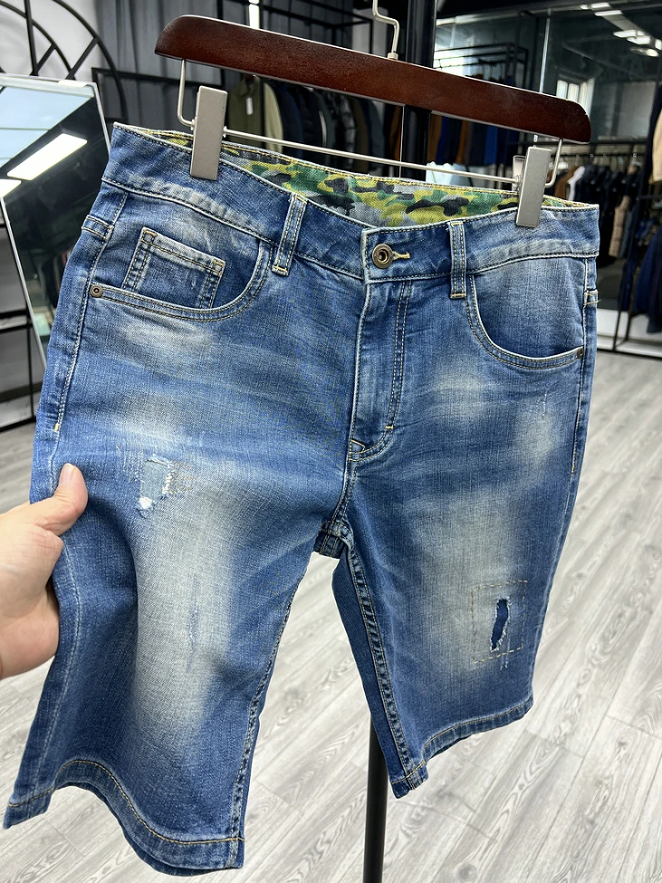 

Worn-In Distressed Denim Shorts Five-pocket Micro-stretch Ripped Jeans Men's Casual Straight-leg Blue Jeans Summer Wear