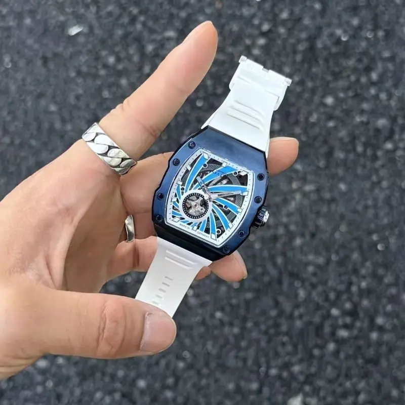 BONEST GATTI Men Automatic Watch Tonneau Mechanical Wristwatch Waterproof Sapphire Luminous Skeleton Stormeye Dial FKM Strap