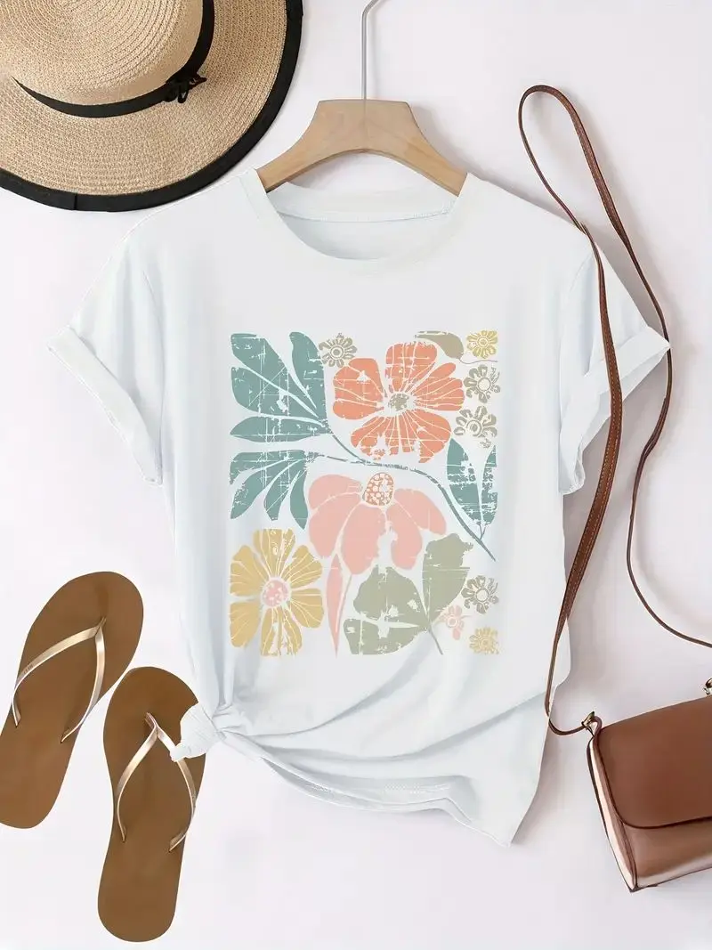 Koszulka Plus Size w stylu vintage z kwiatowym nadrukiem, krótki rękaw z kolorowym nadrukiem kwiatów
