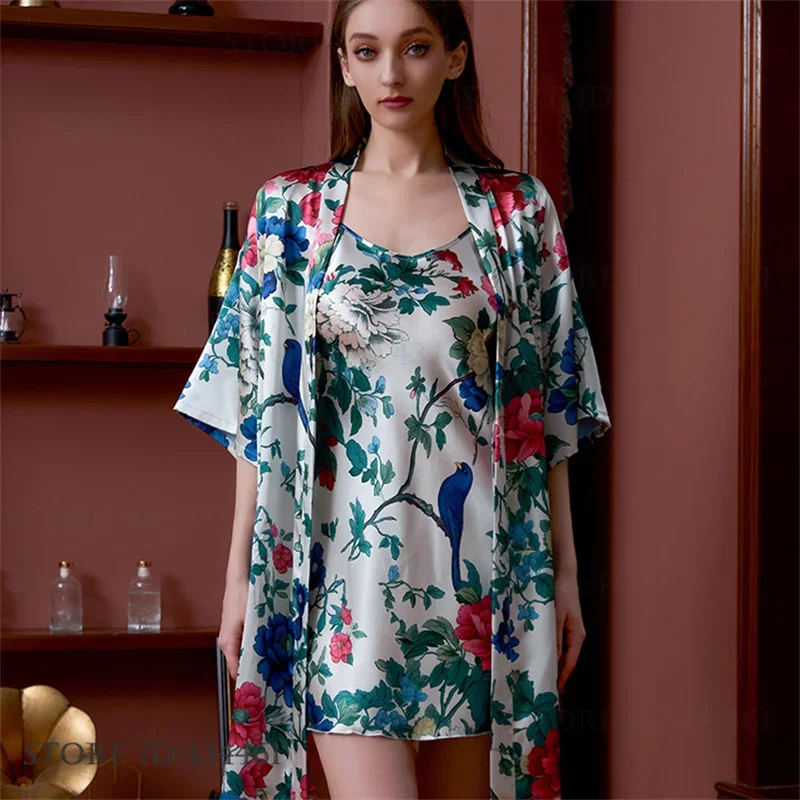 

Ice Silk Female Twinset Robe Set Print Flower Bride Wedding Robe Dress Nightgown Summer Sleepwear Home Clothes Loose Loungewear