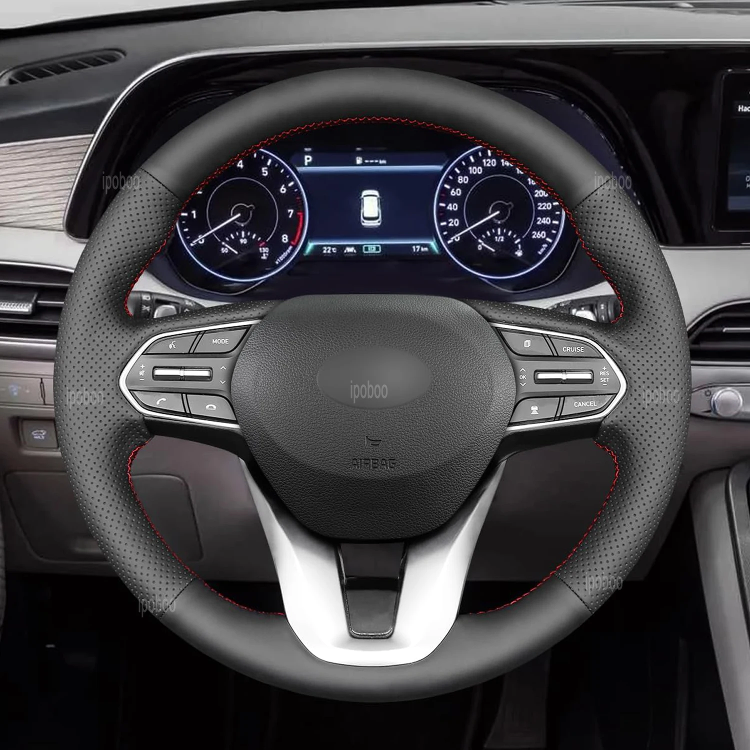 Steering Wheel Cover For Hyundai Santa Fe 19-23 Palisade 20-22 Black Perforated Leather Steering Wheel Protection Cover