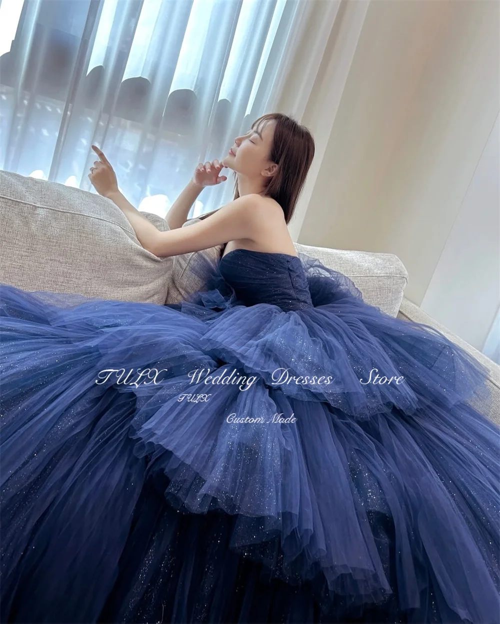 TULX Luxuriöses glitzerndes Tüll-Abendkleid, Korea, Hochzeit, Fotoshooting, blau, herzförmig, langes, gestuftes Partykleid, Korsett, individuell gestaltet, 2025
