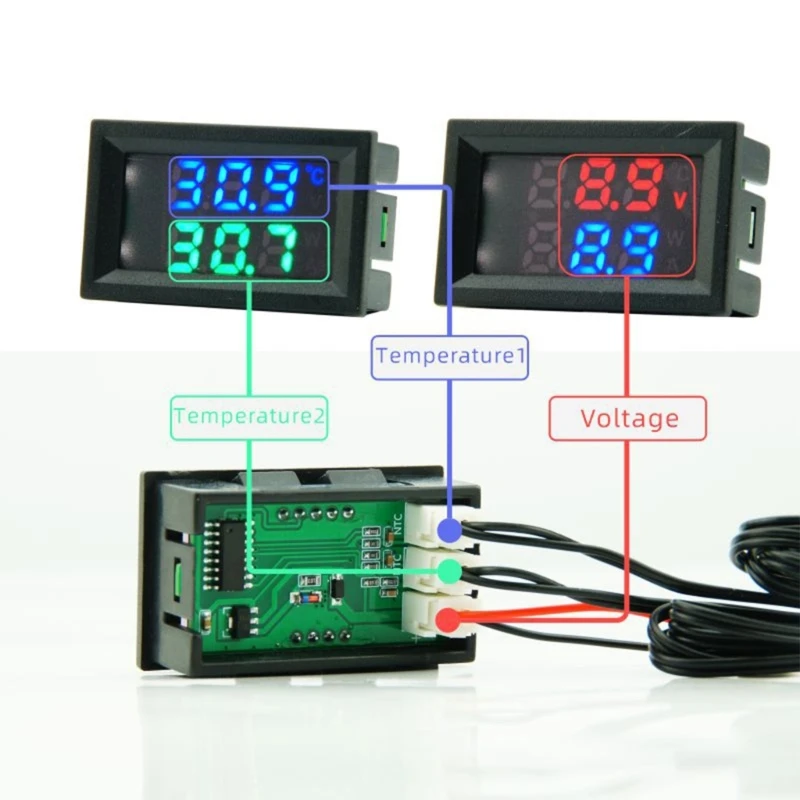 Medidor temperatura Termómetro con pantalla digital dual 4-28V Sonda del temperatura Detector Medidor voltaje