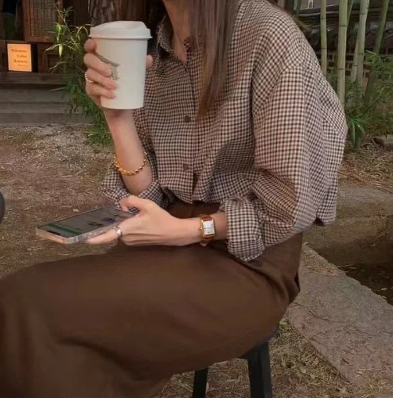 

Lerbe Meina 2025 Autumn Wool Cotton Plaid Retro Loose Long Sve irt Women's Top Button Sle Comfortable Breathable