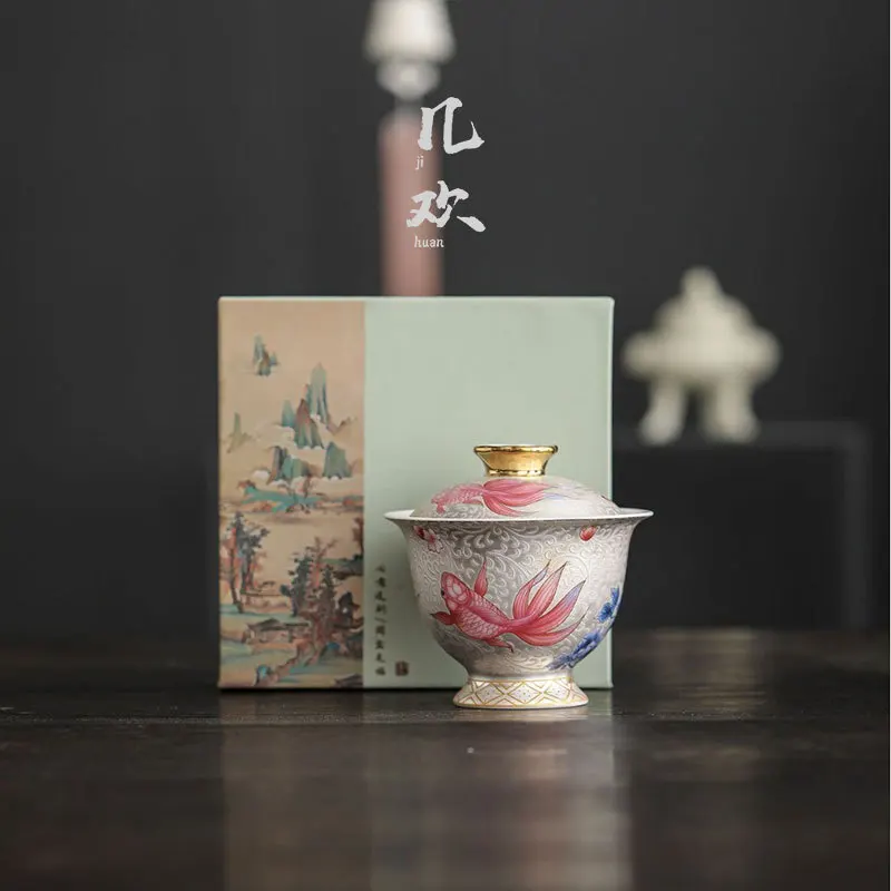 Enamel Color Filigree Fish Ercai Cover Teacup High-Grade Ceramic Tea Maker Household Kung Fu Set