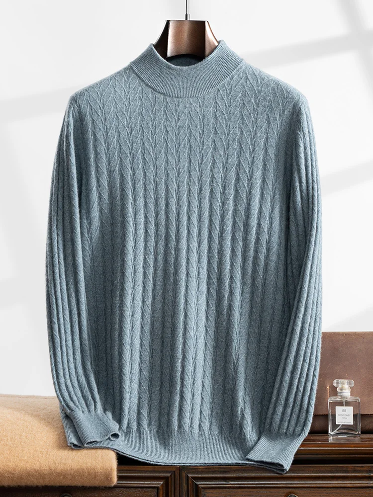 High-quality Men 100% Cashmere Sweater Wheat Ear Mock-Neck Pullover Autumn Winter Cashmere Knitwear Long Sleeve Smart Casual Top