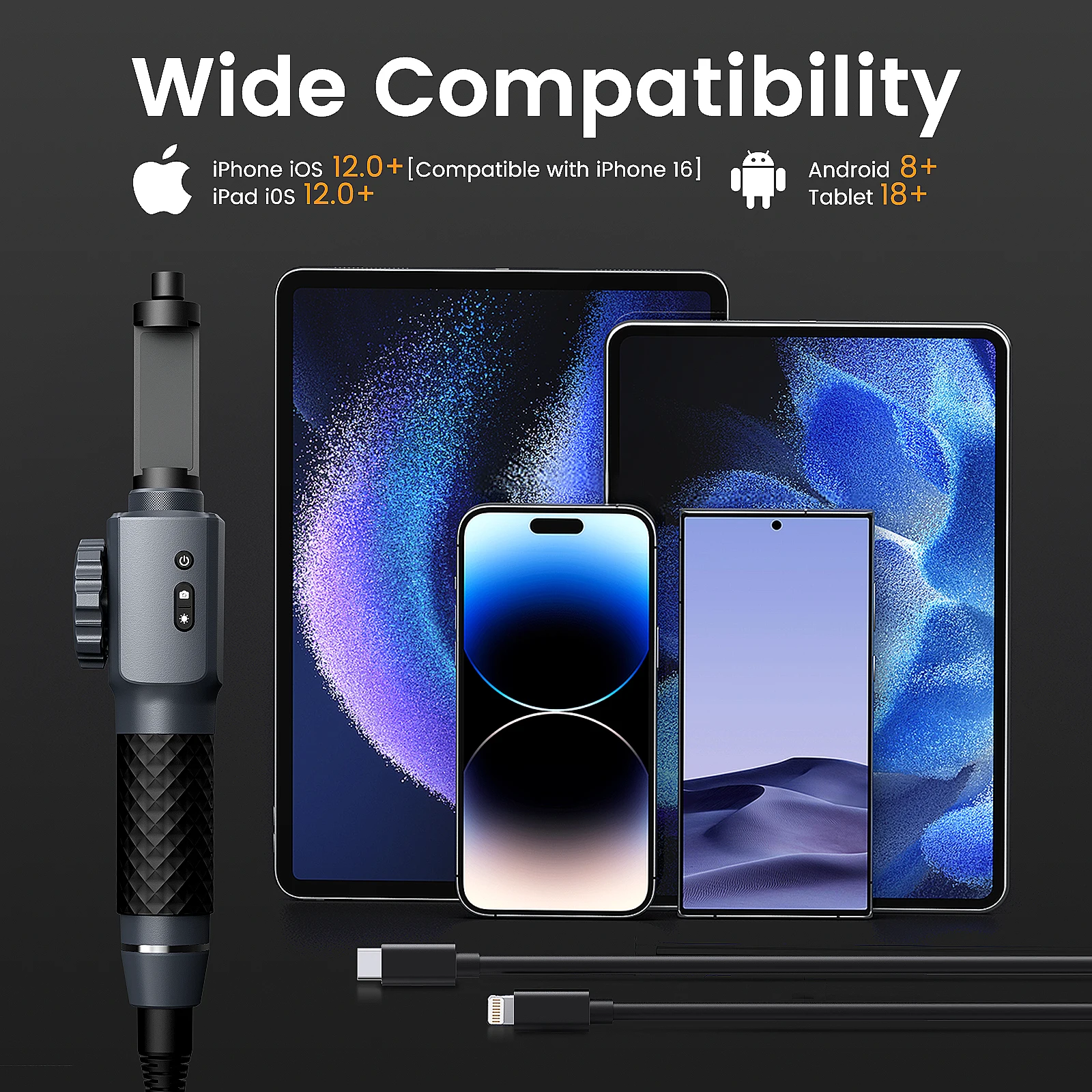 Obiettivo TESLONG 2.0MP 5,5 mm bidirezionale 210 ° Telecamera endoscopica articolata per tablet Android Ios Endoscopio Registrazione video con suono