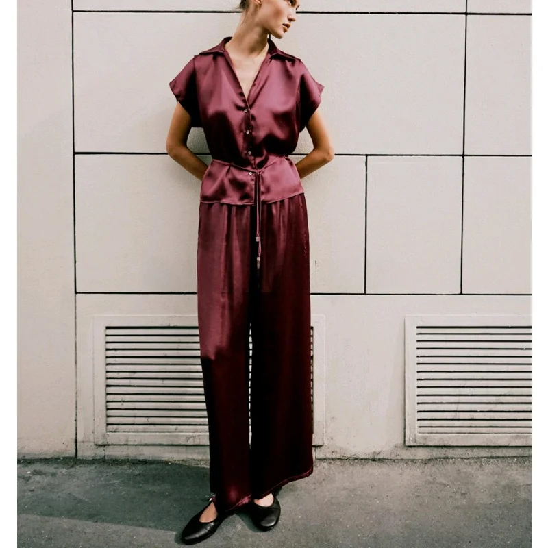 

Silk Feel ort Sve V Ne irt Повседневные брюки с высокой талией Женский модный комплект Осенний сезон Длинные брюки на пуговицах