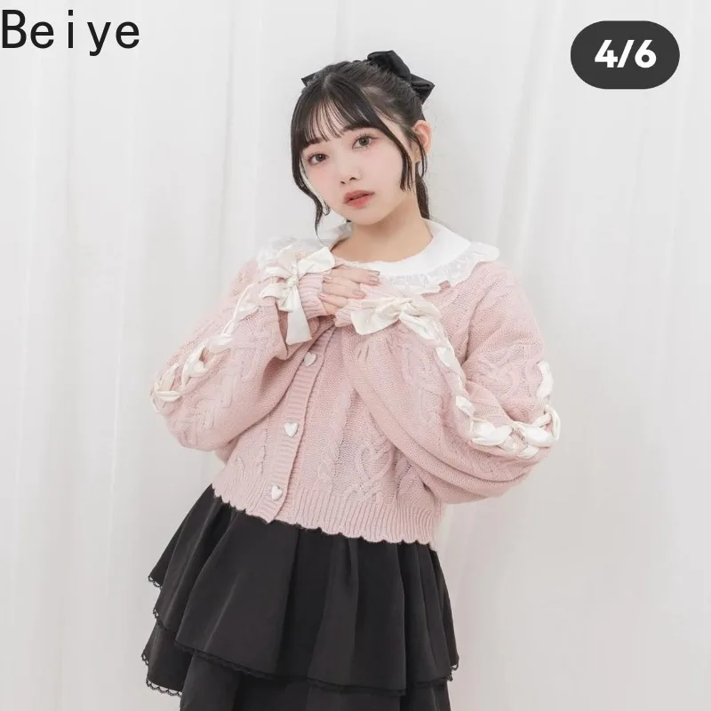 Sweet Lolita Knit Cardigan Women Jirai Kei Pink Bow Long Sleeve Sweater Coat Lady Japanese Harajuku Cute Cropped Knit Outerwear