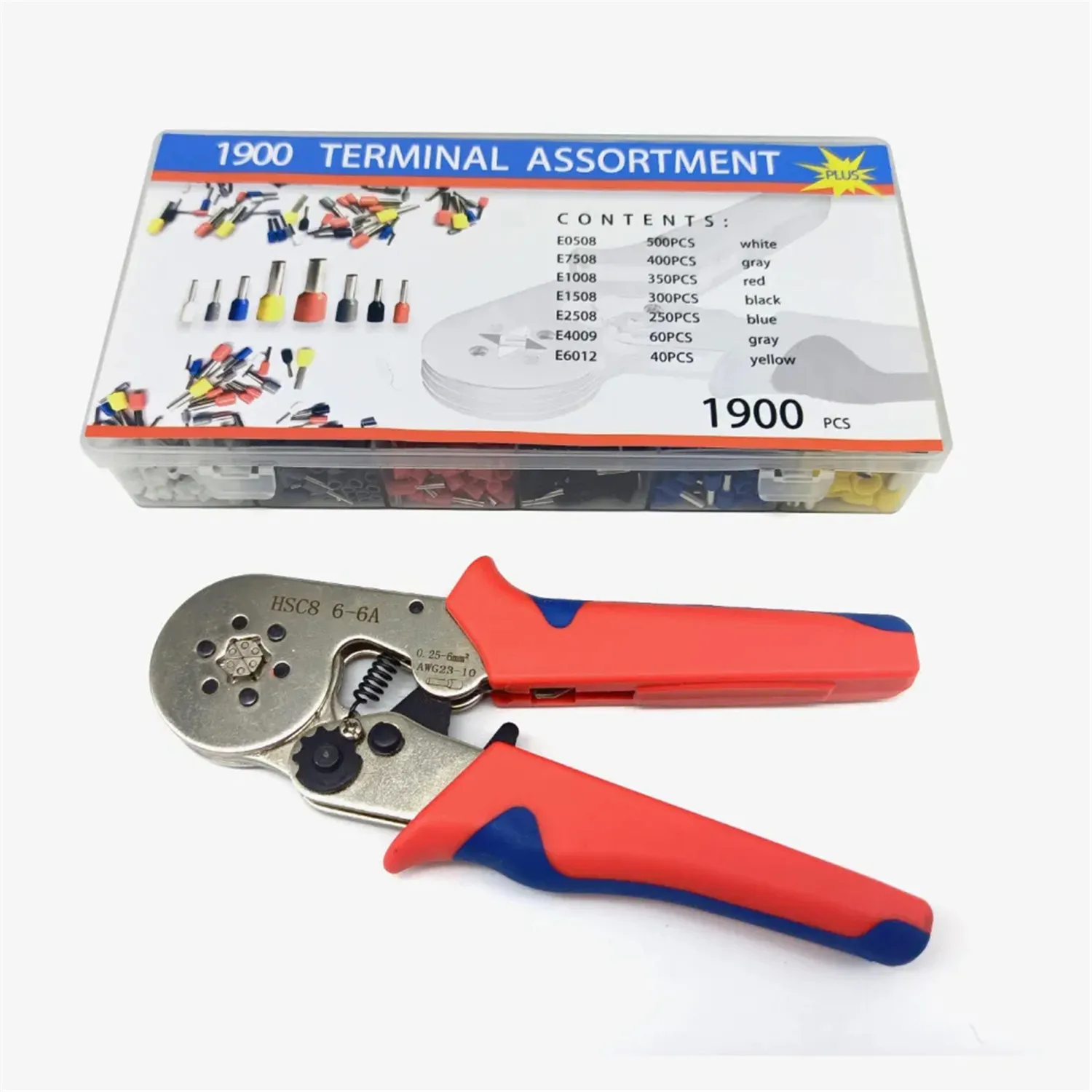 مجموعة أدوات المكشكش HSC8 6-6A مجموعة كماشة العقص ذاتية الضبط مع 1900 قطعة محطات الأسلاك المعزولة 0.25-6mm2 23-10 AWG أزرق