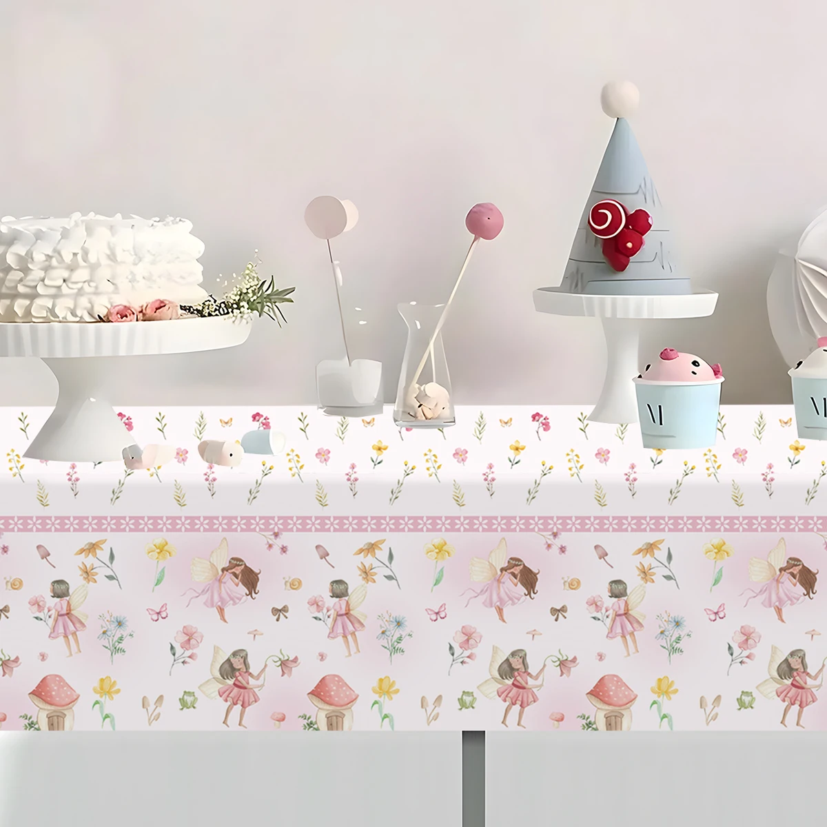 Toalha de mesa descartável com tema de fada e flor de borboleta rosa, toalha de plástico com borboleta, festa de aniversário para meninas