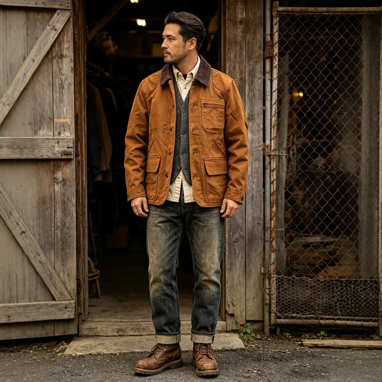 Men Vintage American Field Hunting Jacket 100% Cotton Canvas Multi Pocket Workwear Loose Mid Length Casual Outerwear