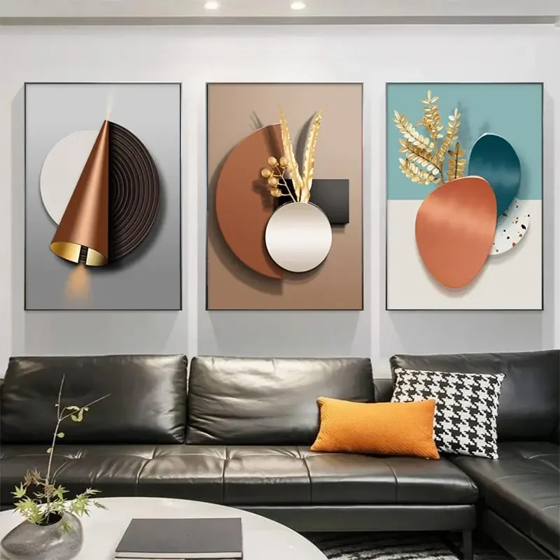 Geometrisches Schwarz-Kupfer Leinwand-Poster Moderner Goldblatt-Wandkunstdruck Nordisches Bild für Wohnzimmer Büro Dekoration