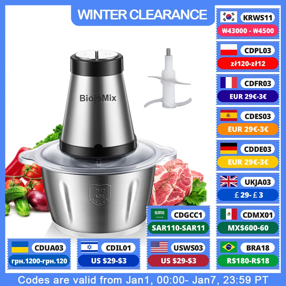 BioloMix 2 Speeds 500W Stainless Steel 2L Capacity Electric Chopper Meat Grinder Mincer Food Processor Slicer