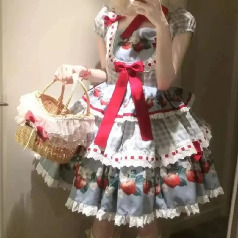 Bow Lolita Strawberry Puff Skirt Summer Retro Countryside Girl Cute Montage Street Square Collar Waist Short Skirt Stylish 2025