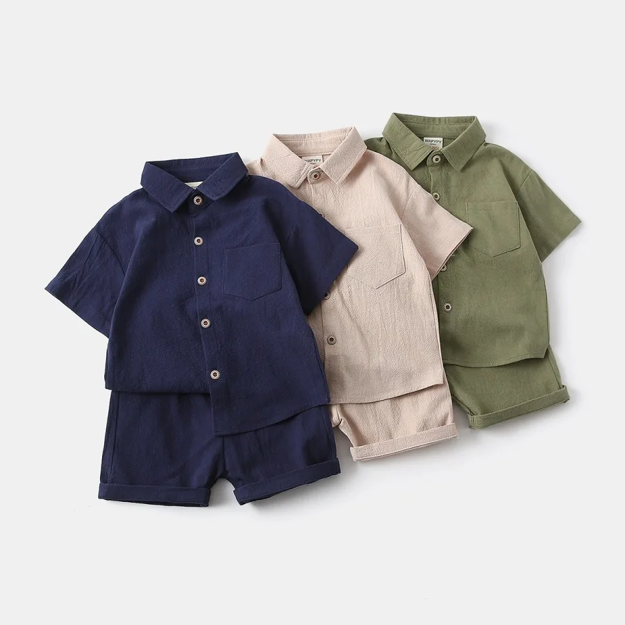 

Boys Solid Color Lapel Short Sleeve Shirt & Shorts 2 Piece Set Kids Casual Outfits