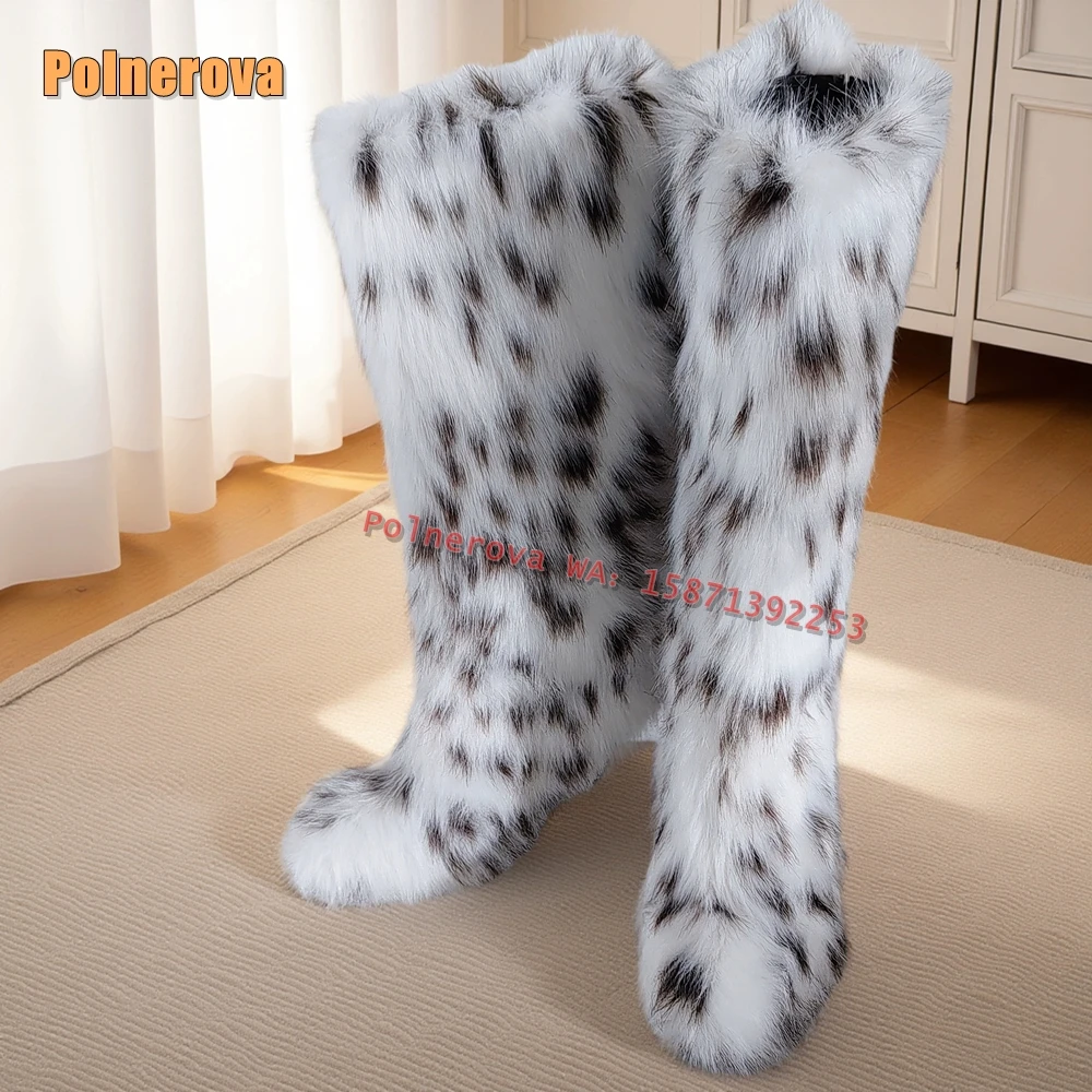 Fur White Spotted Snow Boots 2024 Winter Round Toe Thin Heels Slip On Splicing Women Knee High Boots Big Size 35-50 New Style