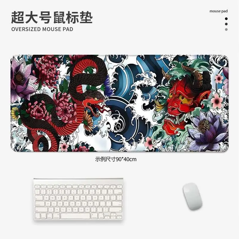 VIKAMA Vintage Tattoo Hannya Snake XXL Desk Mat Anti Slip Waterproof Japanese Wave Lotus Keyboard Mouse Pad Gaming Room Decor