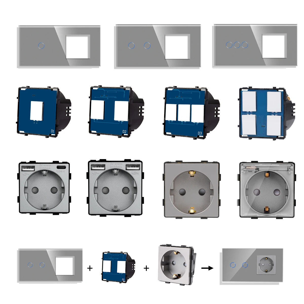 Touch Switches 1/2/3/4Gang1Way Wall Glass Panels Fast Charging Type-C USB Socket EU Power Outlest Function Parts DIY Combination