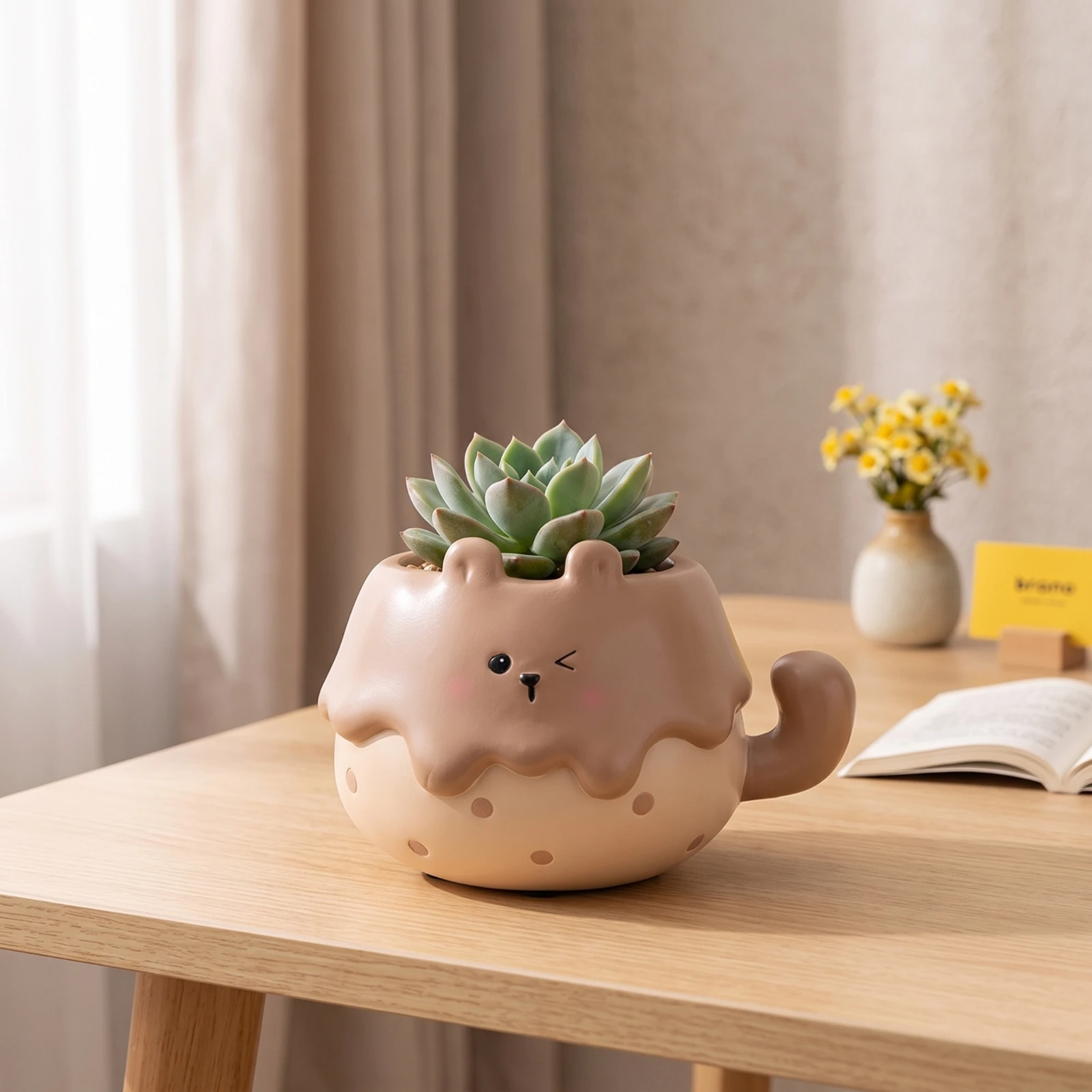 Animal Planter Cute Planter with Handle Succulent Pot Cartoon Flowerpot Whimsical for Plant Lovers, Desk, Windowsill view 2