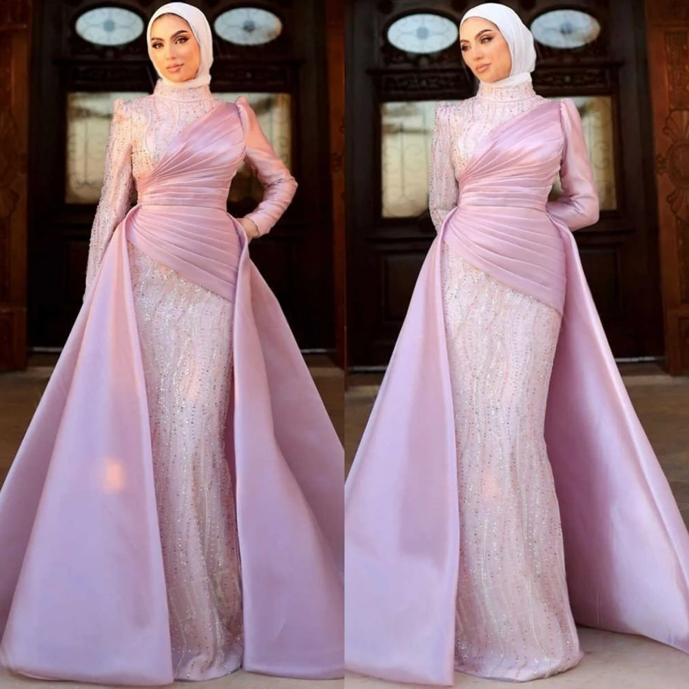 

Customized Delicate Satin High Collar Evening Dress Exquisite Beading Prom Dresses Delicate Long Sleeves Special Occasion Gowns