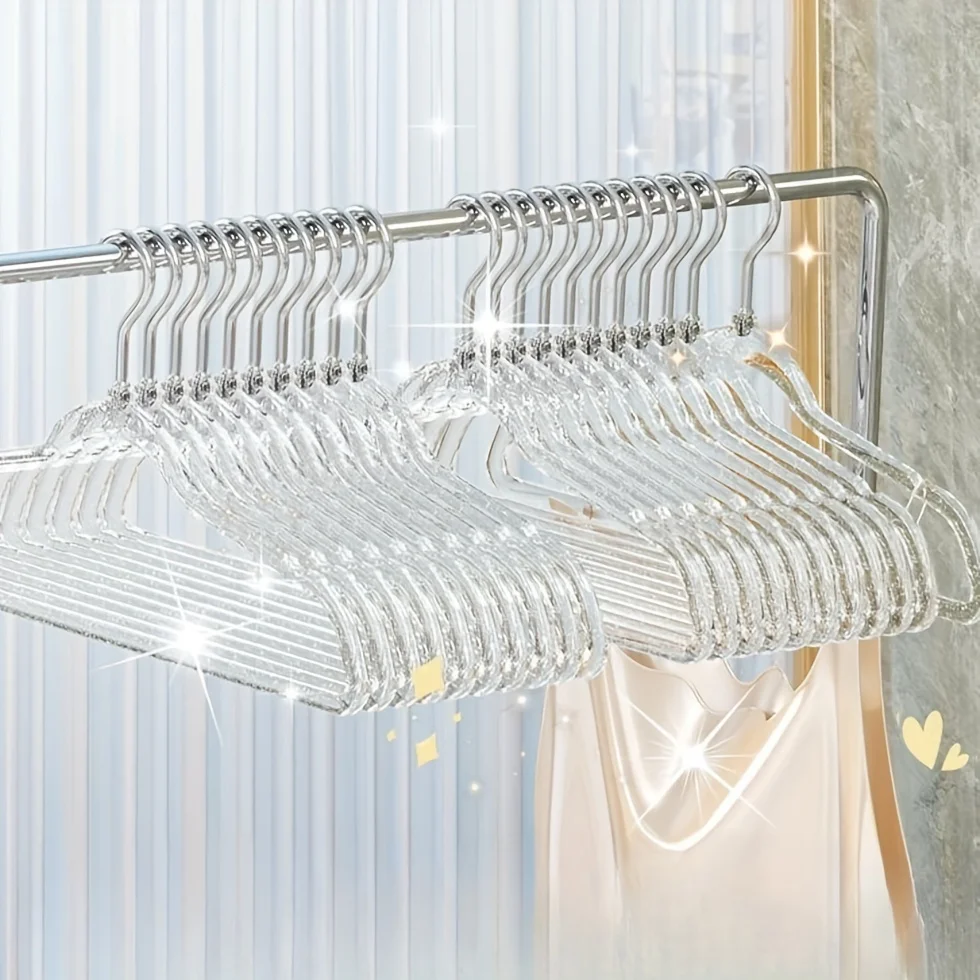 10pcs Transparent Glitter Hangers Non-slip Clothes Hangers Household Clothes Hanging Rack Thickened Traceless Clothes Hangers