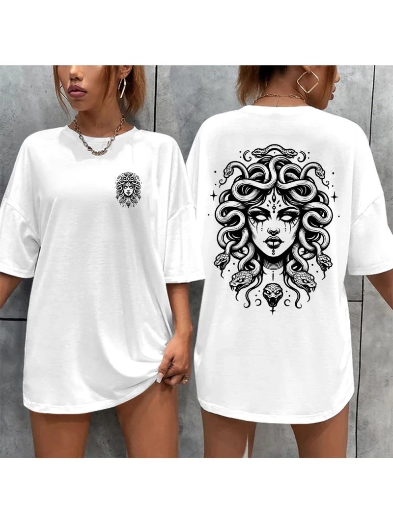 Street Trend Round Neck Short Sleeve Evil Goddess Medusa Printed Casual T-Shirt Comfortable Breathable Women's Tops Clothing