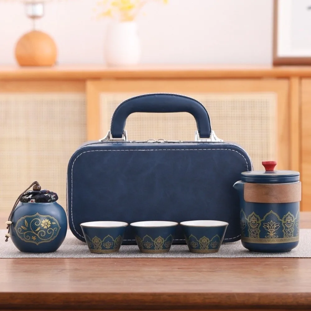 Ceramic Travel Tea Set with Proctive Box with Canister Tea Gift Set Chinese Style Portable Porcelain Teaware Business Gift