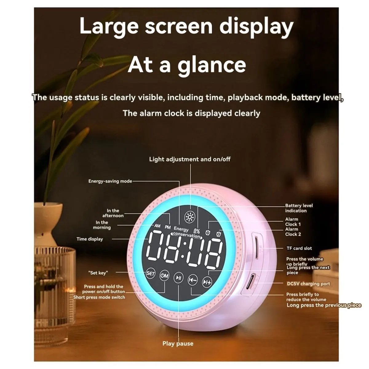 A32I Multi Functional Alarm Clock Bluetooth Speaker Colorful Night Light Bedroom Bedside Weather Smart AI Speaker Voice Chat
