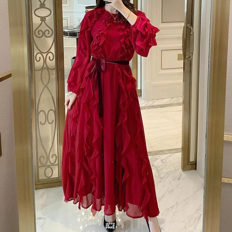 

Red Ruffles Dress Women Vintage Chic O Neck Flare Sleeve Dresses Bodycon Clothing High Waisted Black Elegant Vestido De Mujer